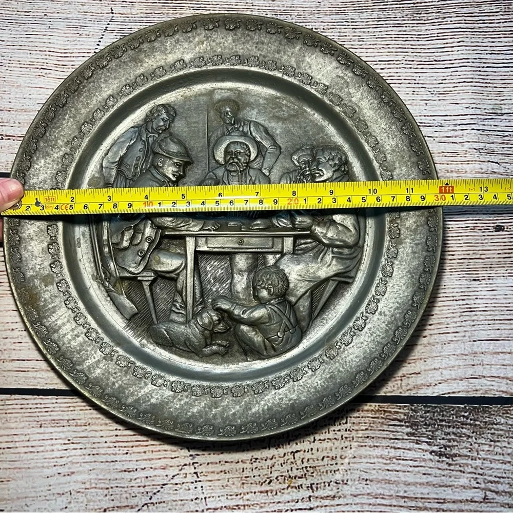 Vintage 12” German Pewter Wall Plate Tavern‎ Card Scene Angel Mark Gallery Wall